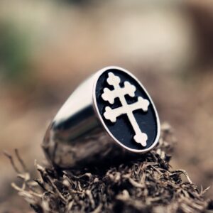 EYHIMD Classic Cross of Lorraine Signet Rings Mens Stainless Steel Biker Ring Biker Fashion Jewelry