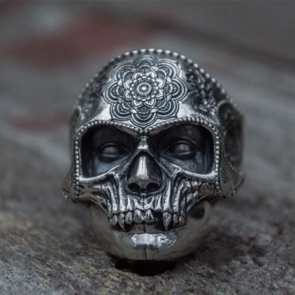 Unique Silver Color 316L Stainless Steel Heavy Sugar Skull Ring Mens Mandala Flower Santa Muerte Biker Jewelry