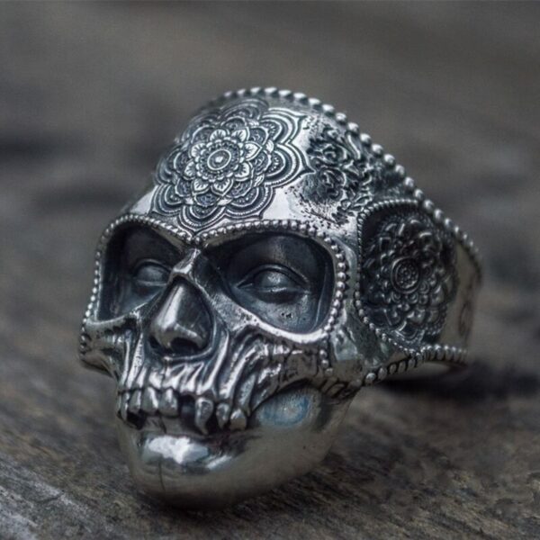 Unique Silver Color 316L Stainless Steel Heavy Sugar Skull Ring Mens Mandala Flower Santa Muerte Biker Jewelry