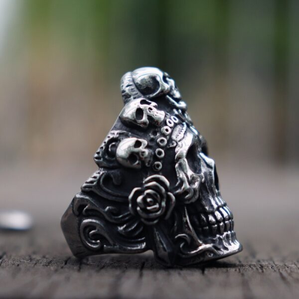 Cool Santa Muerte Death Skull Ring Unique Mens Stainless Steel Rings Punk Rock Biker Jewelry Gift for Him